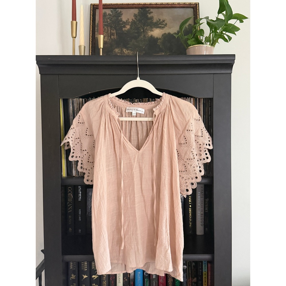 Cottagecore Romantic Boho Peasant Eyelet Flutter Blouse M Pink Boho Peasant Top